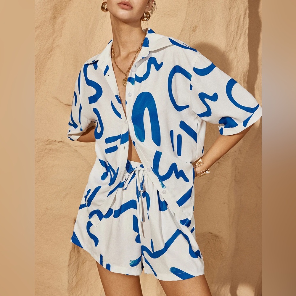Commense Blue and White Women Shorts Set